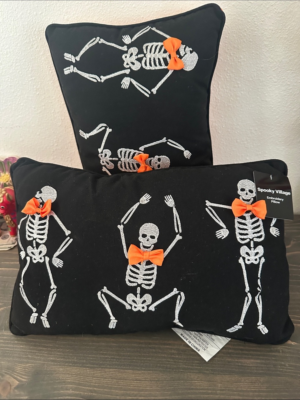 Black Halloween Skeleton Embroidered Decorative Pillow with Orange Bows